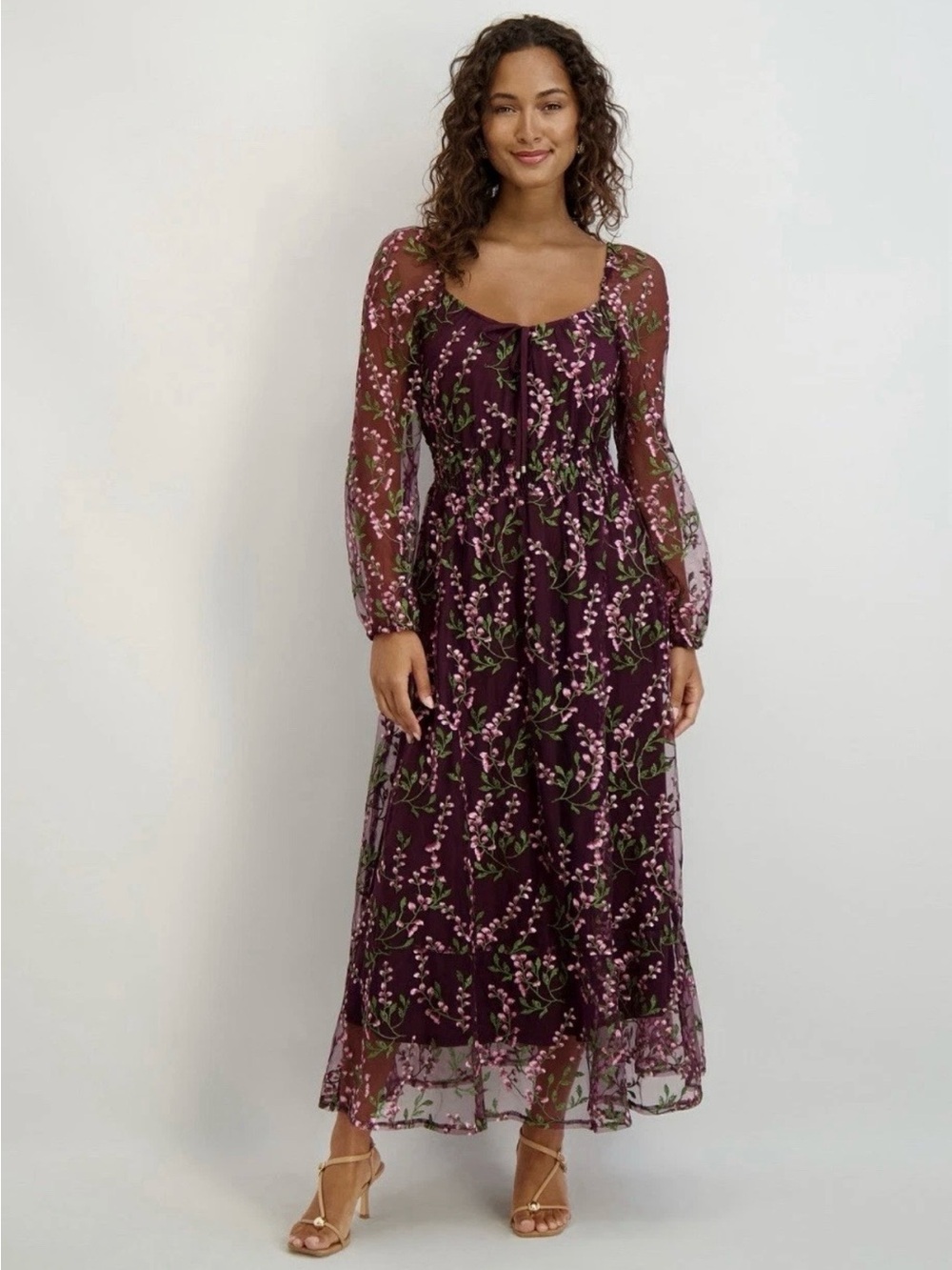 Kensie Plum Floral Embroidered Maxi Dress